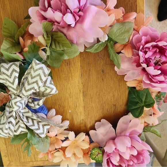 Hand Crafted Pink Peony Floral Wreath  Summer Door Wall Decoration - Picture 7 of 14